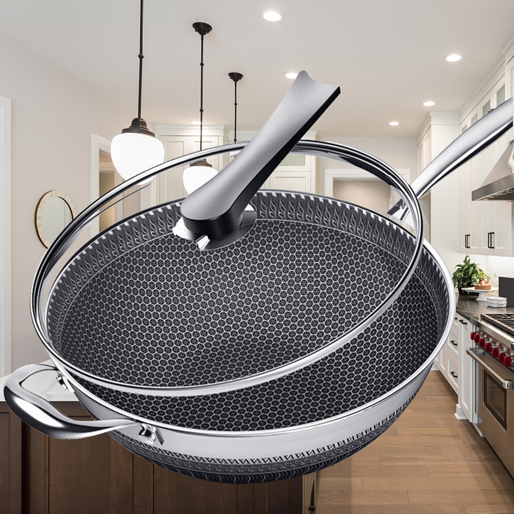 KOBACH 32cm kitchen wok nonstick pan stainless steel wok honeycomb non