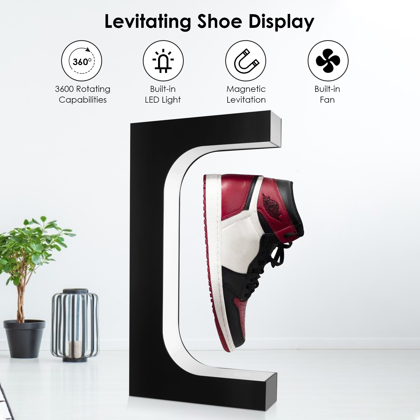 Black without shoe Floatidea Magnetic Levitating Shoe Display Floating Acrylic Spinning Holder Levitation Rotating Stand Turntable Sneakers Device with Led Light for Big Shoes Shop Exhibition 