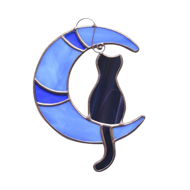Ouwuo Cat On The Moon Hanging Suncatcher Stained Glass Lover Gift Pet Gift Black Cat On The Moon Home Decor Ornament Cute Cat