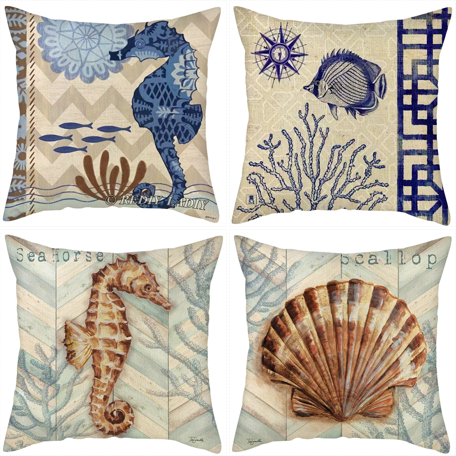 4pcs pillow cases cushion covers shells seahorse nautical US SELLER 