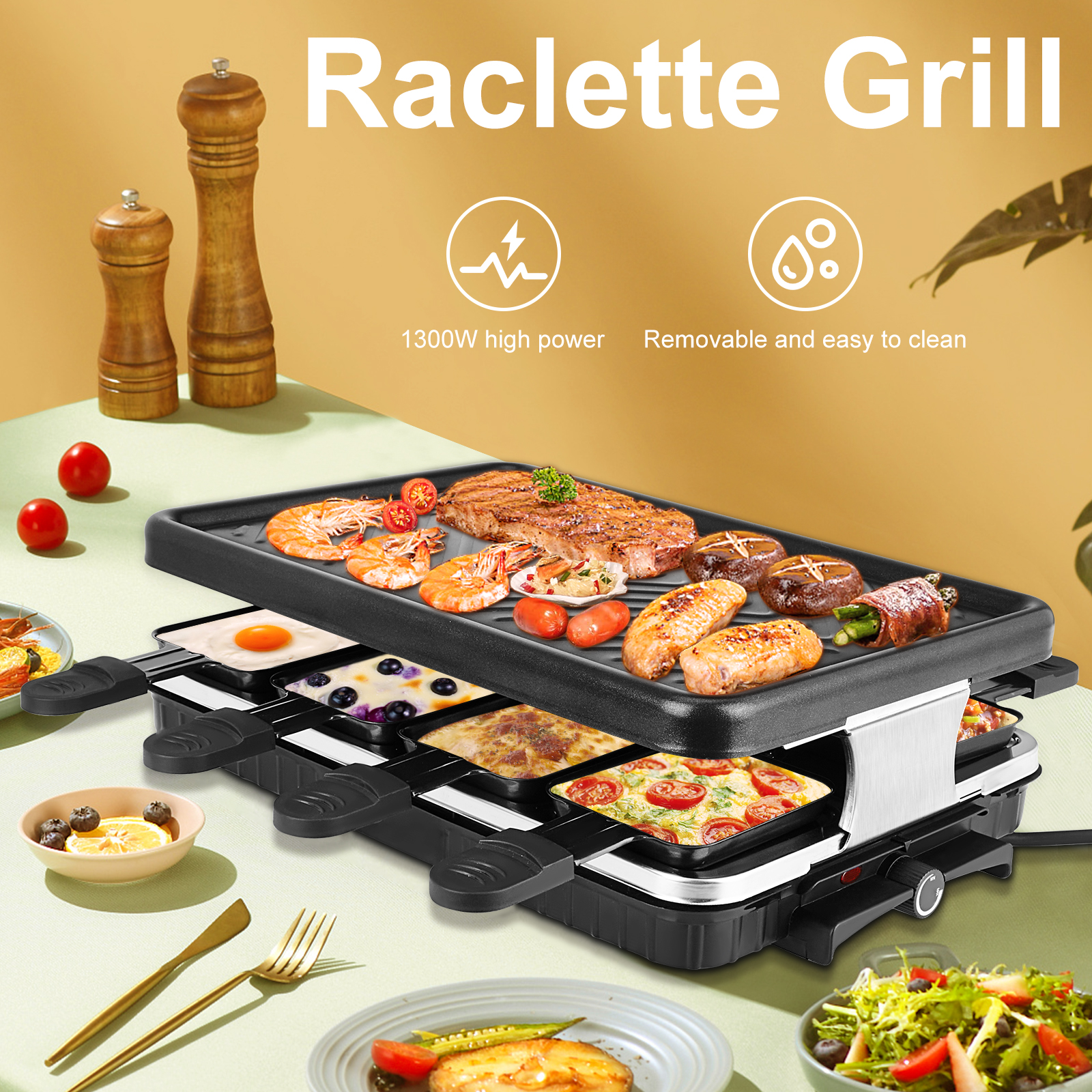 BITOWAT Raclette Grill 1300W Parrilla Eléctrica de Corea Dos Capas de Parrilla Antiadherente Superficies Termostáticas Automáticas Mesa Raclette Grill para 8 Personas 