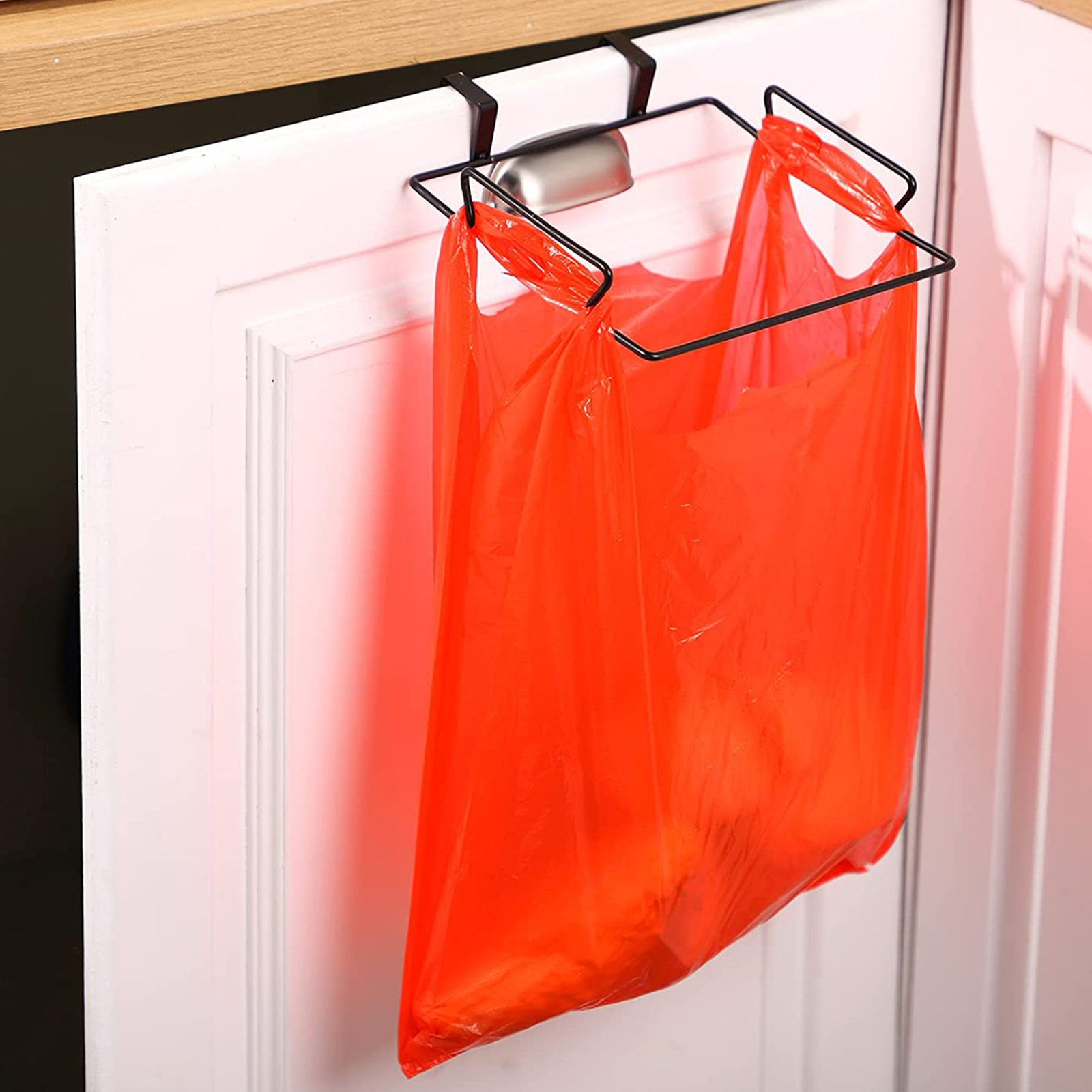 SHOPANTS Kitchen Accessories Hanging Cabinet Plastic Bag Holder Small Metal Plastic Bag Holder Practical Sturdy Under Counter Over Door Waste Bag Holder Shelf 