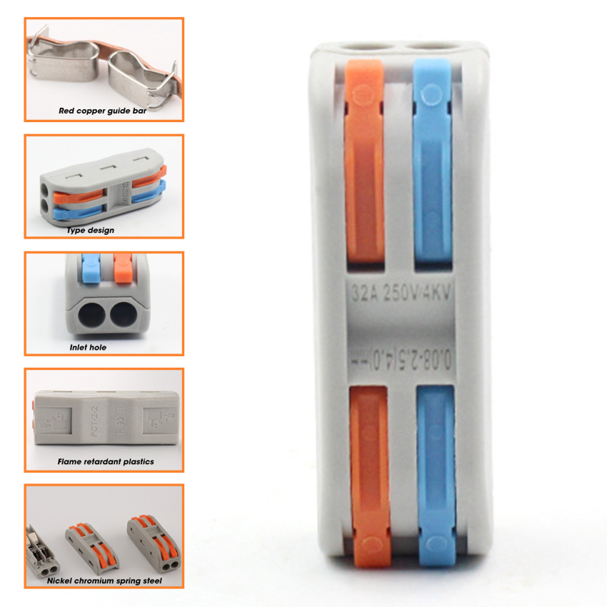 10 Pcs PCT2-2 Color Button Connector 2 In 2 Out Terminal Clip Quick Junction Box