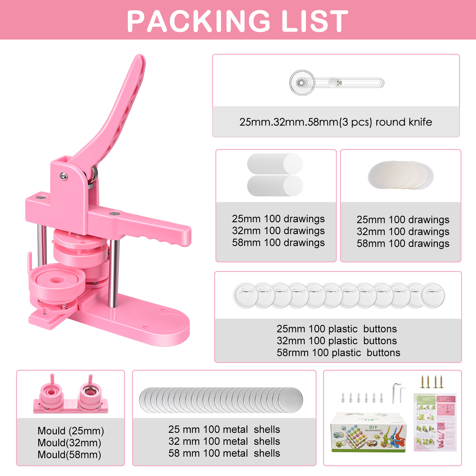 Machine à Badges – 3 Tailles (25/32/58 Mm), 300 Pièces Incluses, Sans Installation, Couleur Rose - 10