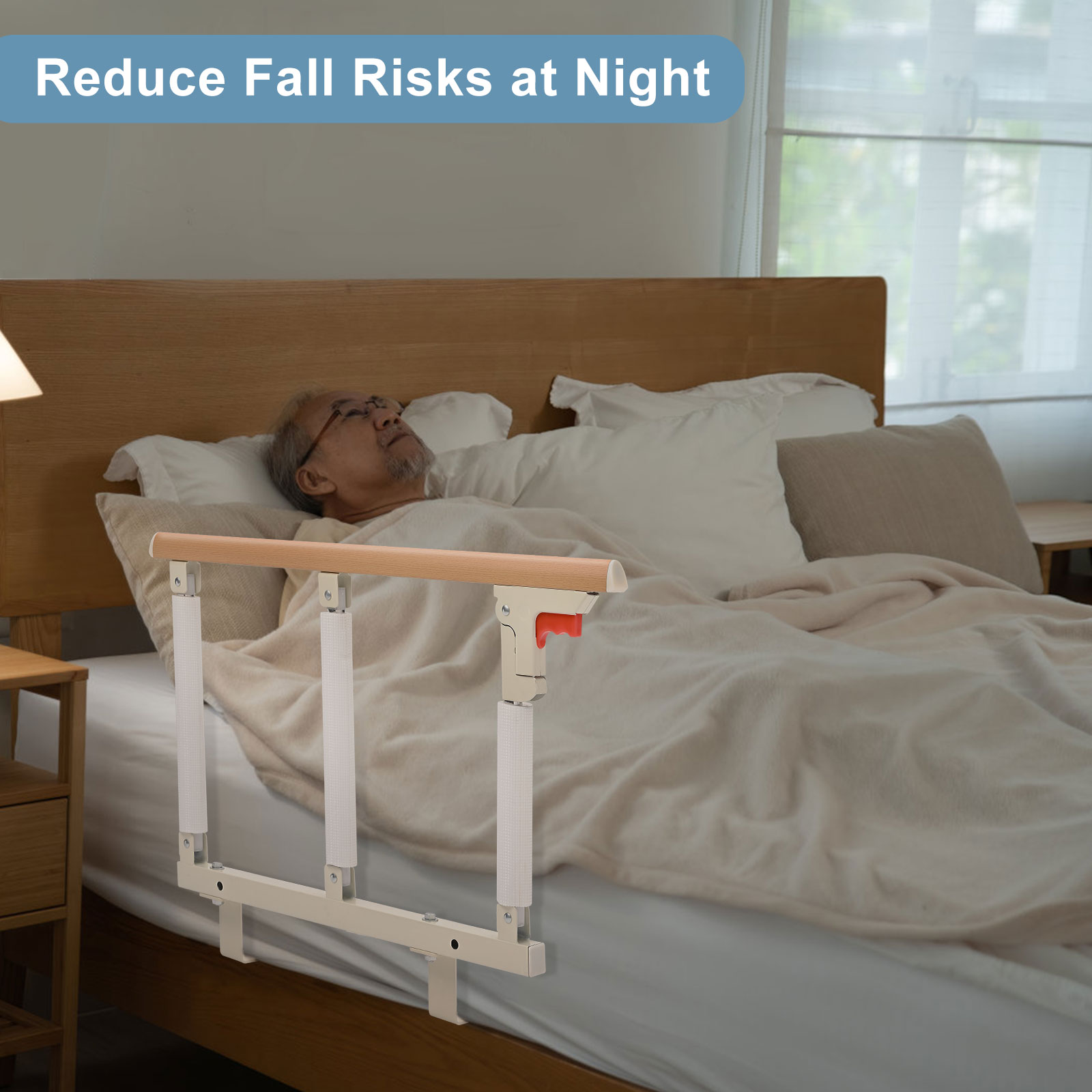 Description Picture 2 of itemAluminium Alloy Folding Bed Rails Wooden Grain Safety Assist Handle Bed Railing Fit For Elderly Seniors Adults