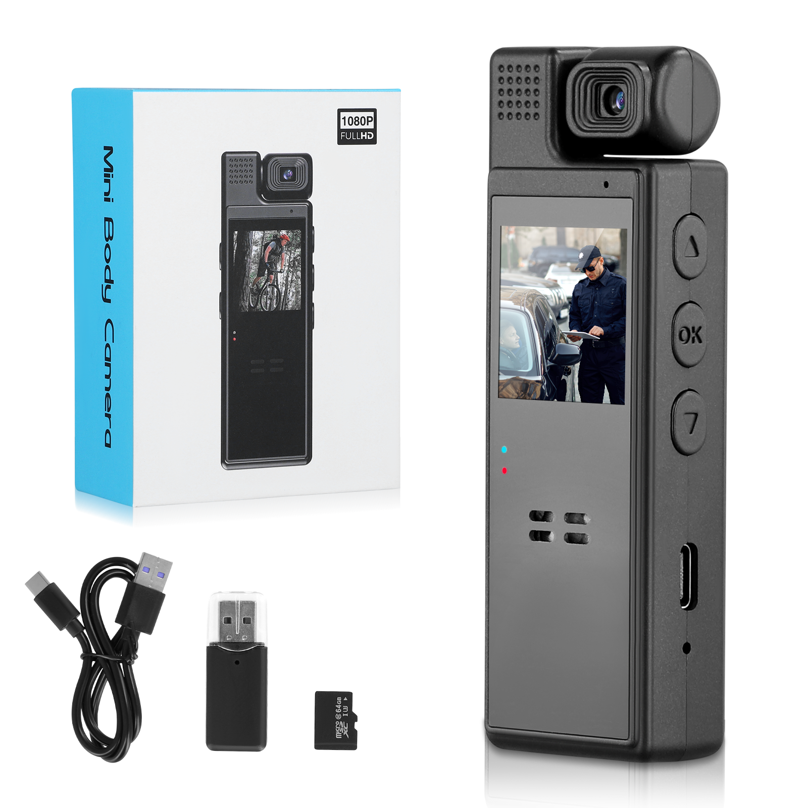 64GB Körperkamera 1080p HD mit Nachtsicht & drehbarer Linse