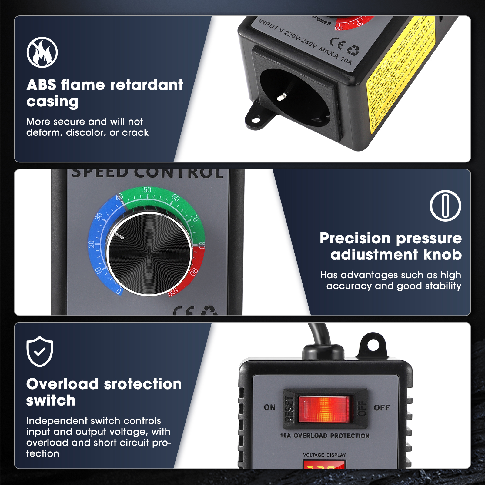 AC Motor Speed Controller 220-240V 4000W Variable Speed Controller Fan Speed Controller with Overload Circuit Breaker Electronic Voltage Regulator for Rheostat