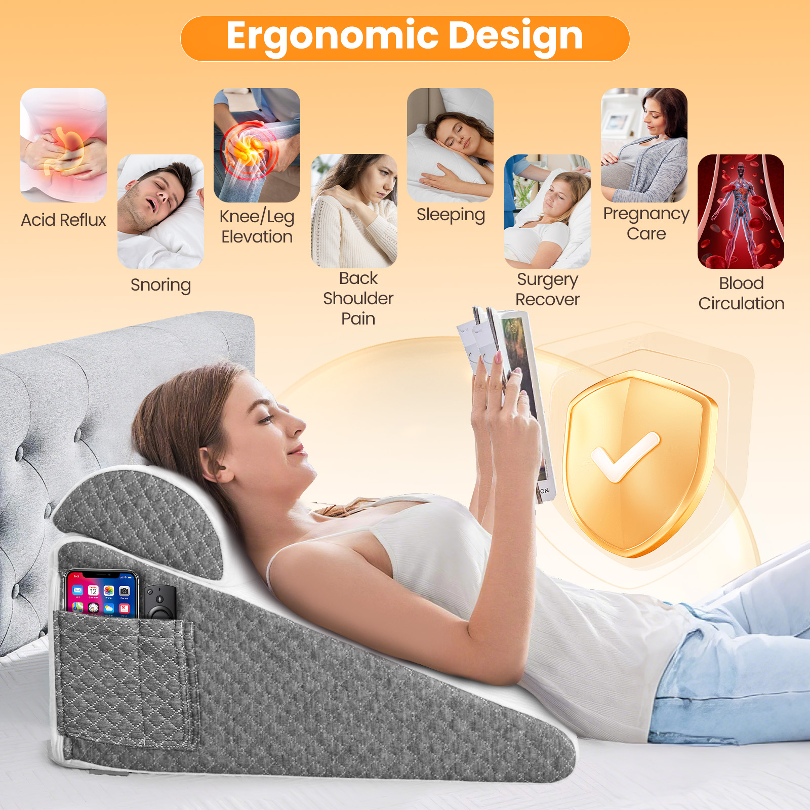 thumbnail interactive-video image 1 of Adjustable Bed Wedge Pillow 4 Height Options | Memory Foam Post Surgery Support 1 of 5
