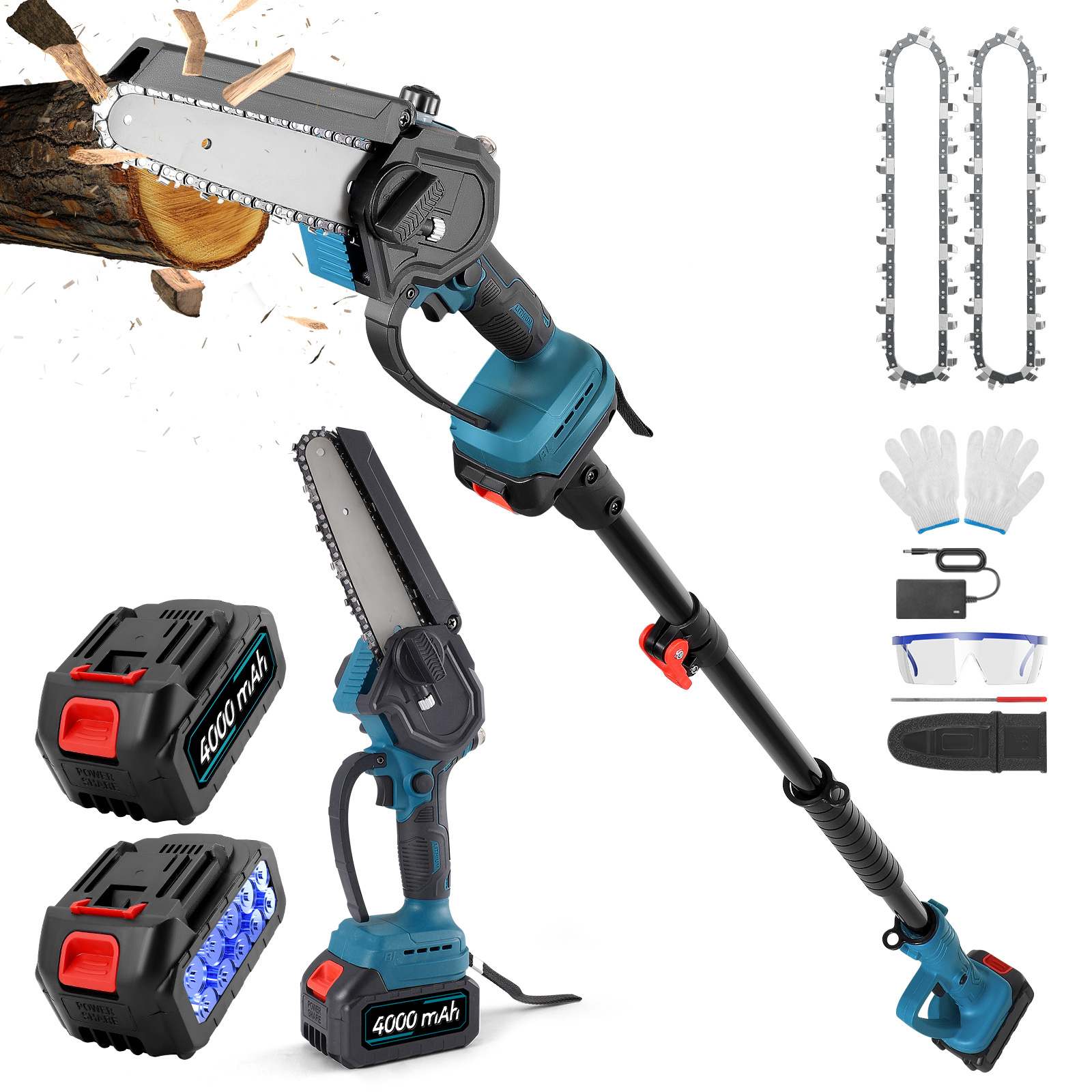 Package Contents: A visual breakdown of all items included in the product package, such as the mini chainsaw, telescopic pole, batteries, charger, and safety gear.