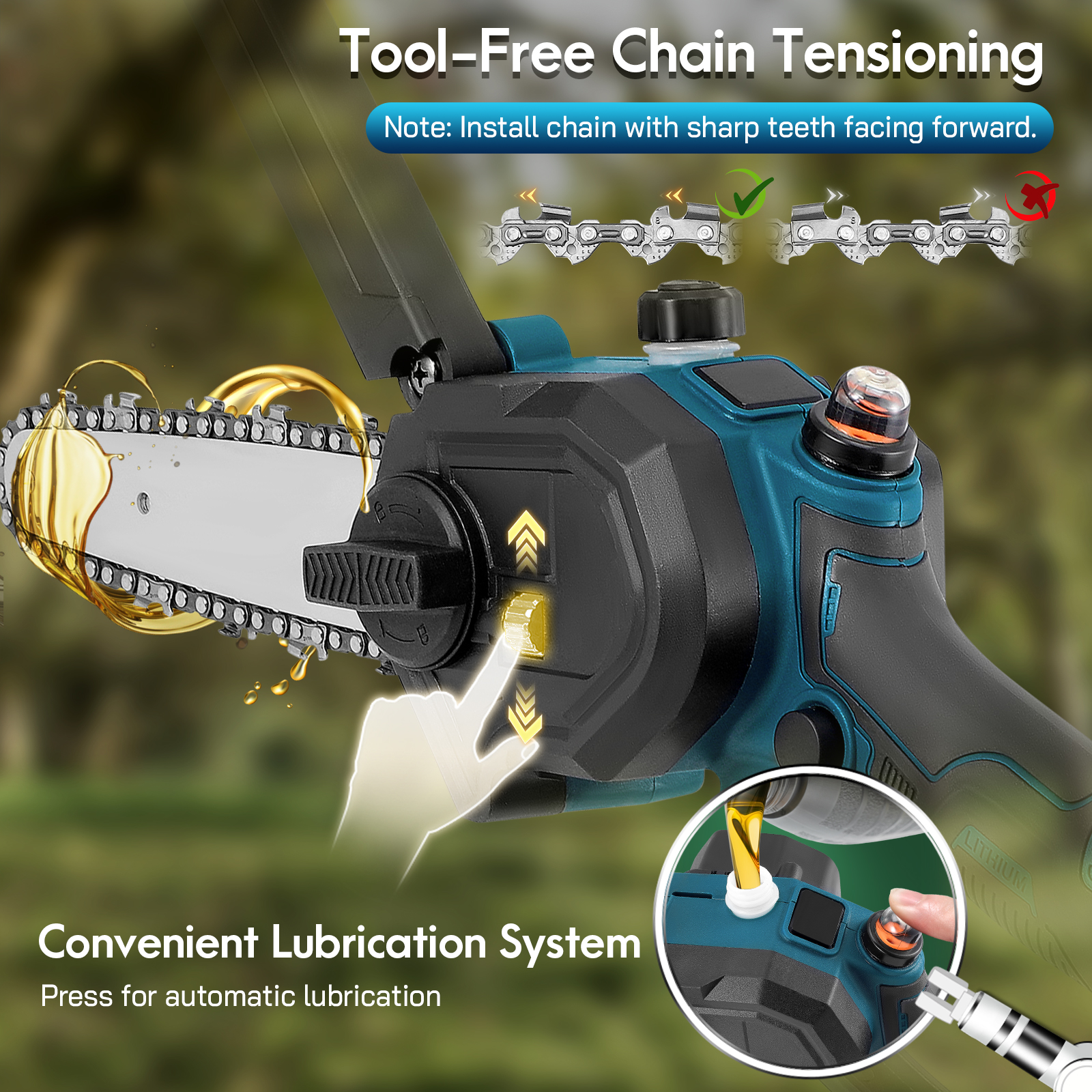 Chain Sharpening: Close-up of the sharp alloy chain and the included file for sharpening, emphasizing smooth cutting and efficient sawdust removal.