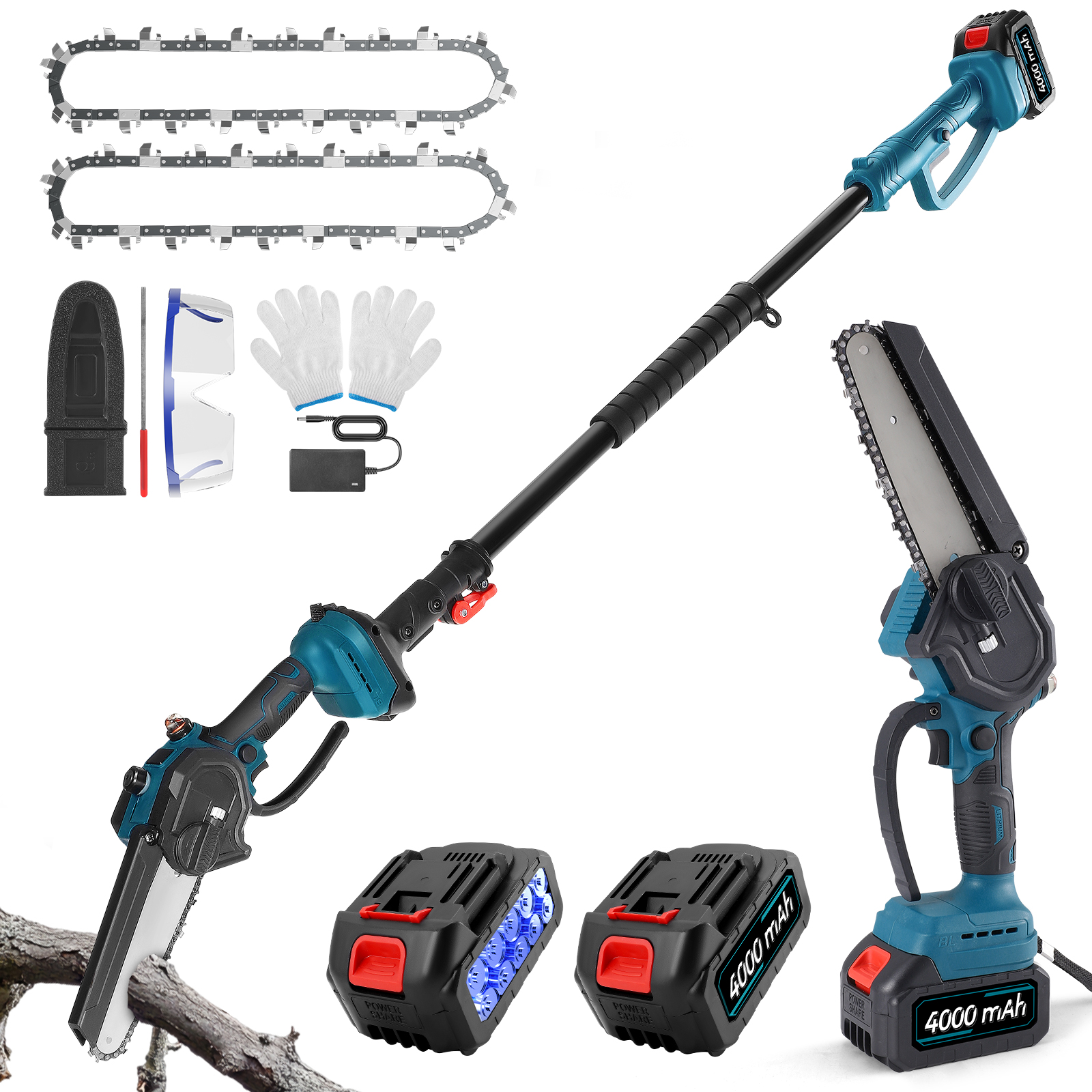 Telescopic Pole Adjustment: Demonstrates the pole saw in both its compact (4.9 ft) and extended (6.8 ft) configurations, showing how it adjusts for different heights and users.