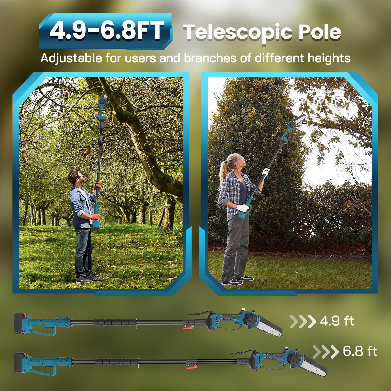 Product Features Diagram: An annotated image highlighting key components like the side cover fixing knob, non-slip rubber handle, heat dissipation vents, visible oil tank, length adjustment buckle, comfortable foam handle, durable telescopic iron pole, and safety lock & start switch.