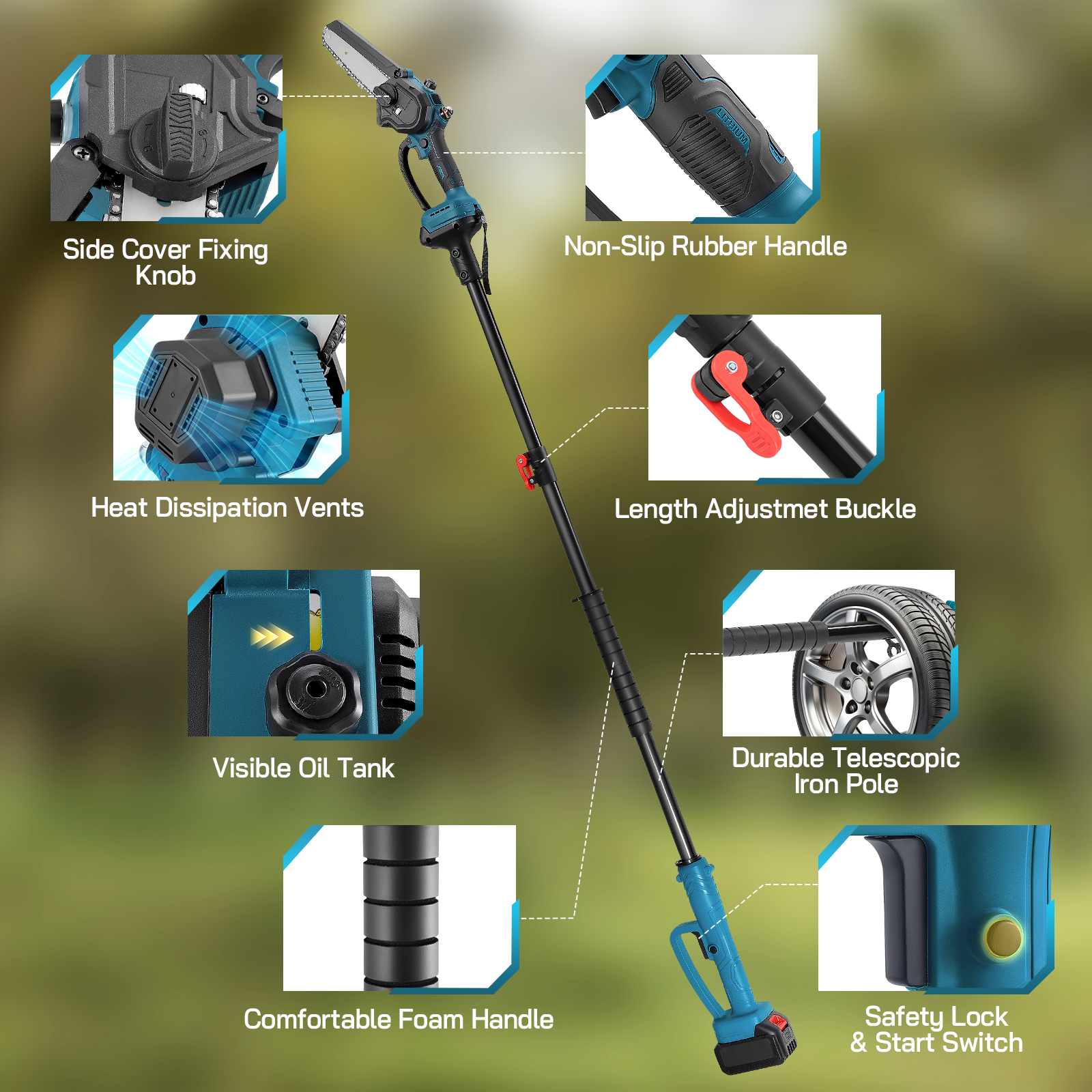 Lightweight Design: Shows a user easily carrying the pole saw, emphasizing its lightweight nature (3.3 lbs for mini chainsaw, 5.7 lbs for pole saw).