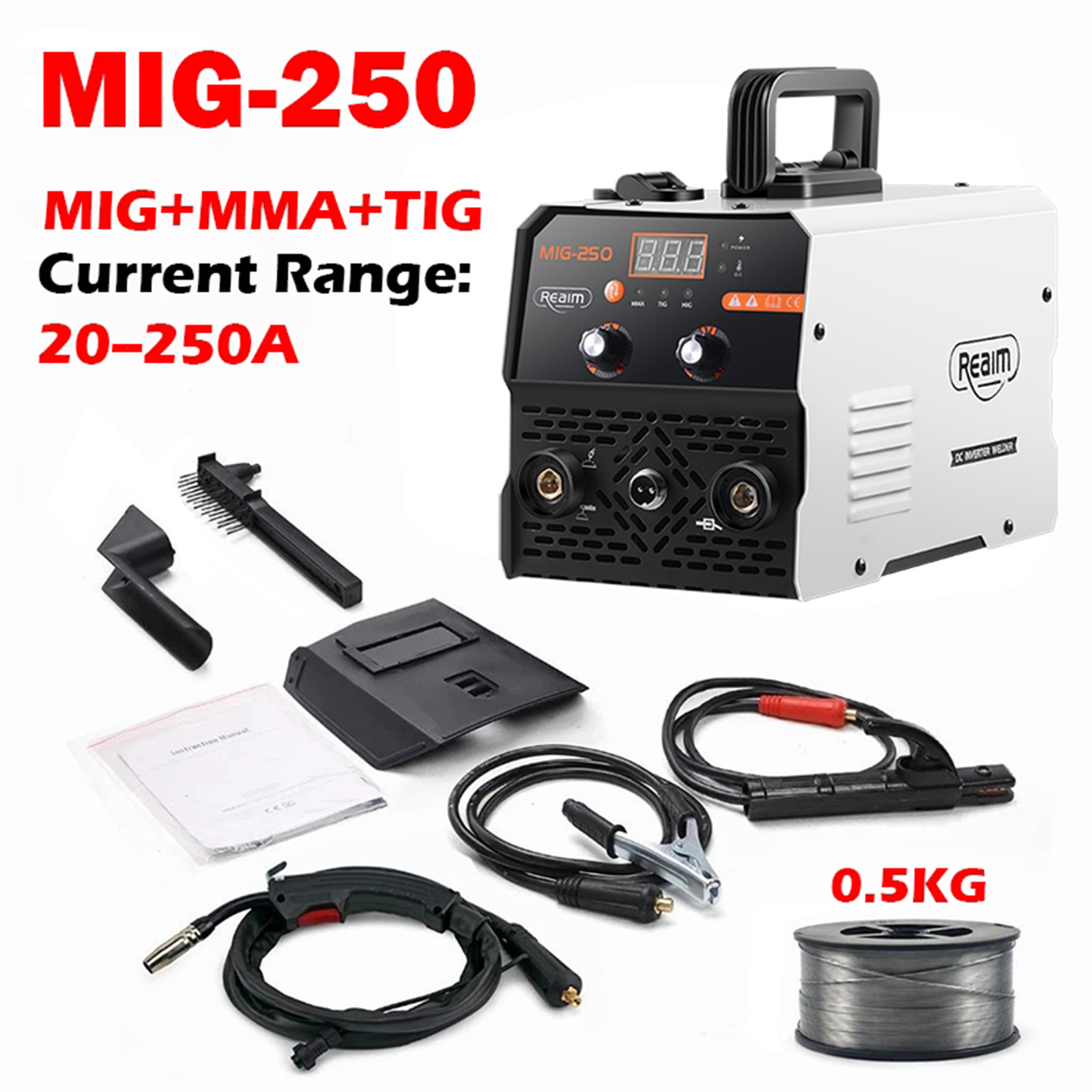 Image showing the complete package list for the MIG-250 welder, including the machine, MIG gun, flux core wire, electrode holder, earth clamp, welding mask, slag brush, wire guide tube, and user manual.