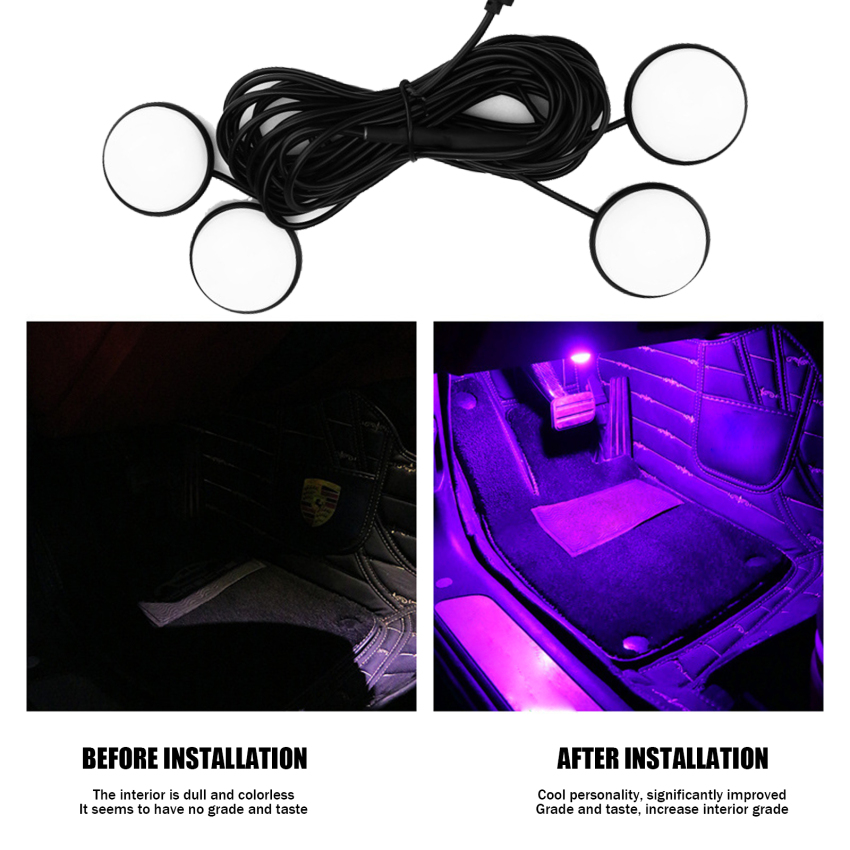 4pcs Led Car Foot Lights Pure Color Ambient Lamp Blue/Ice Blue/Pink 12V