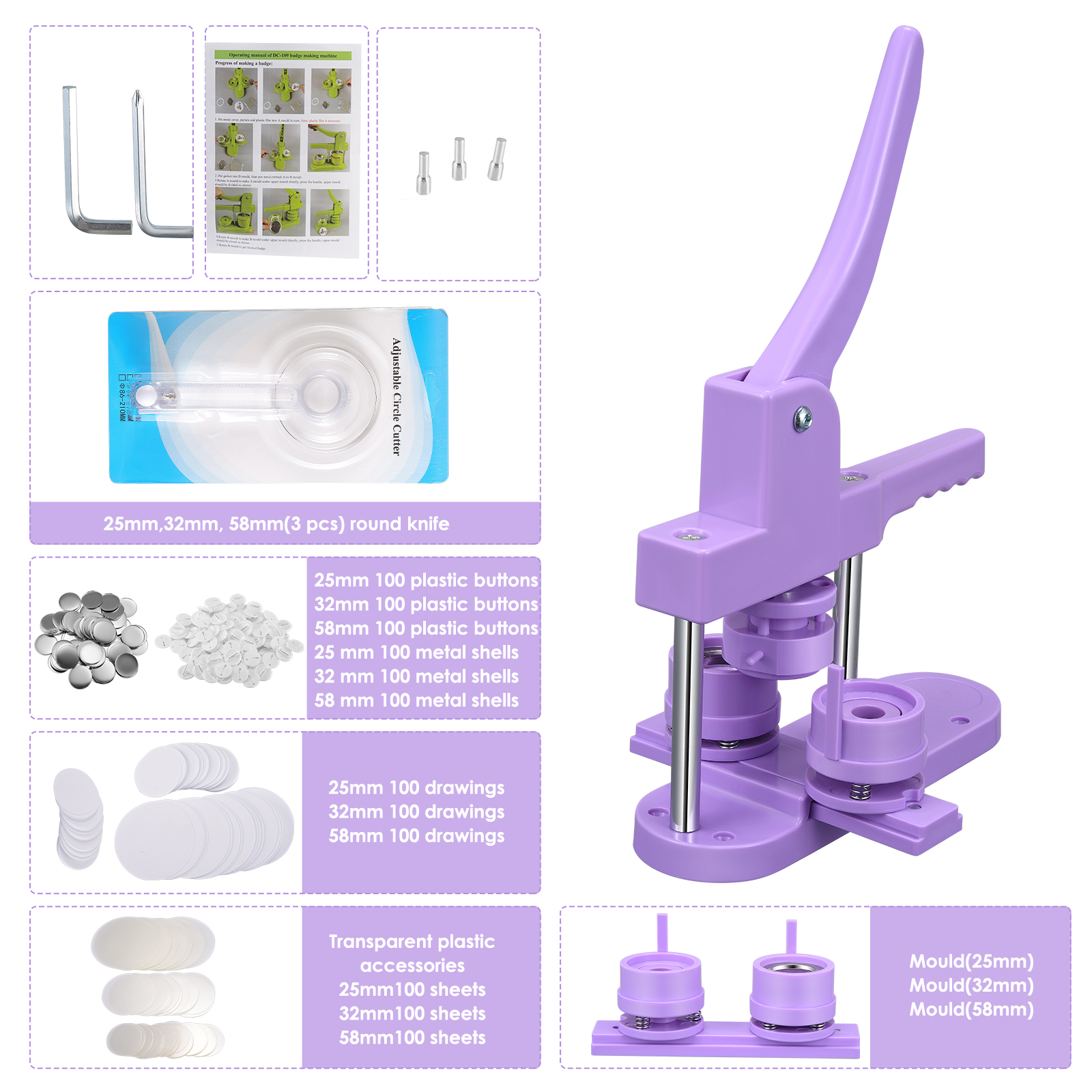 Buy Purple Badge Machine 25 32 58mm Molds Pin Maker Tinplate Badge Pressing  Machine Painting Activities Creative Gifts Online - 360 Digitizing -  Embroidery Designs