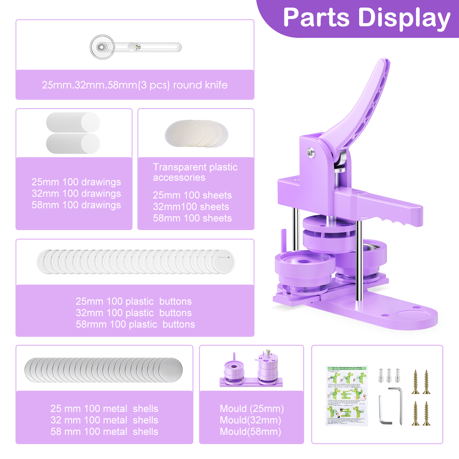 Button Maker Machine Multiple Sizes 400pcs, Pin Maker Button Press  1+1.25+2.25 inch Button Badge Making Supplies for DIY Personalized Metal  Pinback