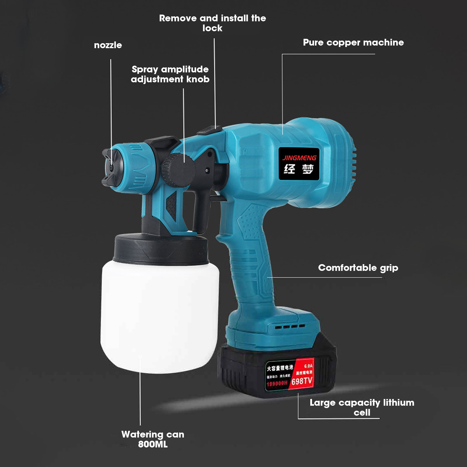 Nombre 2, Pistola pulverizadora elétrica 800ml, pulverizador de tinta sem fio, móveis para automóveis, revestimento de aço, aerógrafo compatível com bateria de 21v